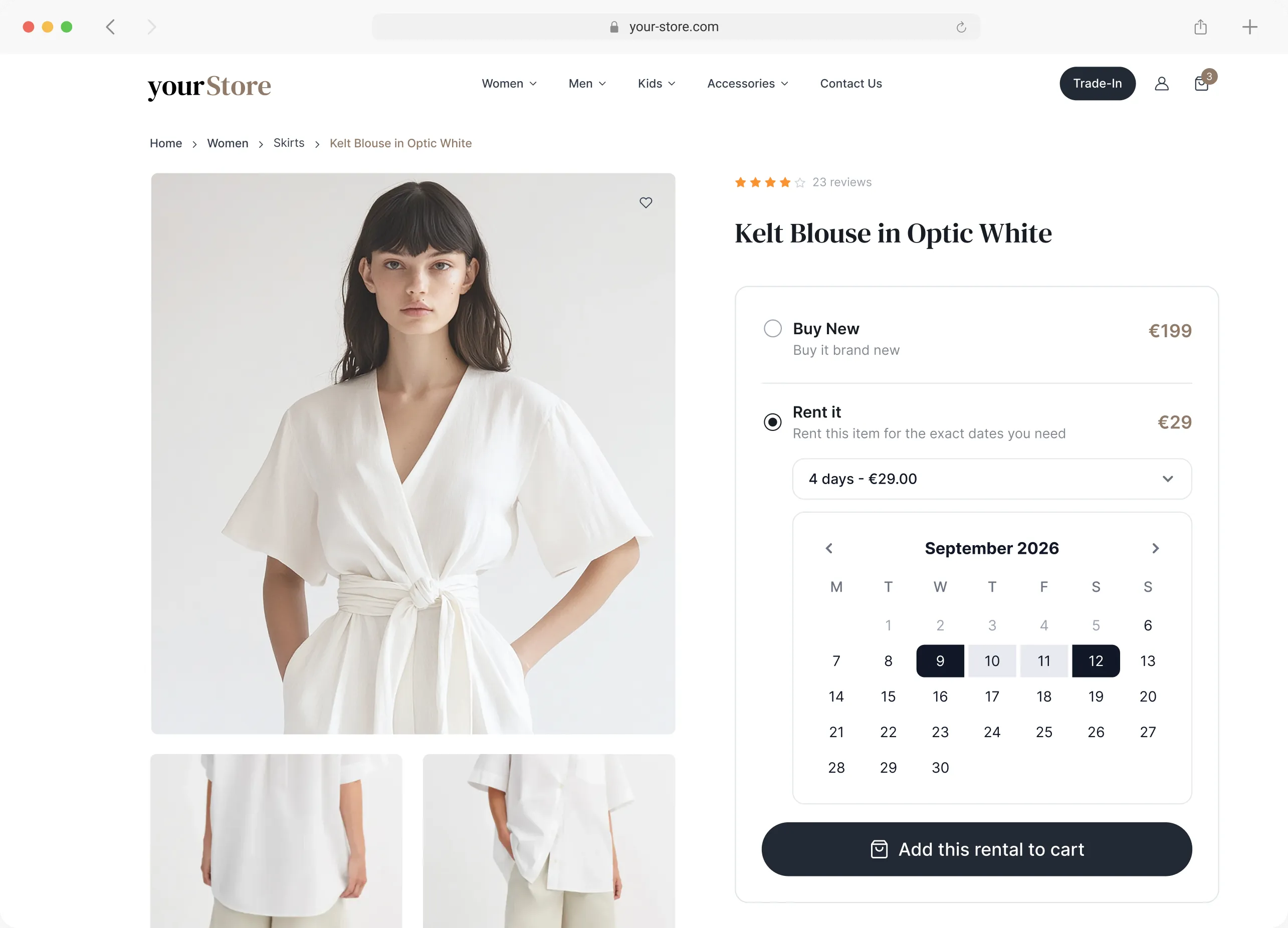 Rental widget with duration tiers and availability calendar on a Shopify product page